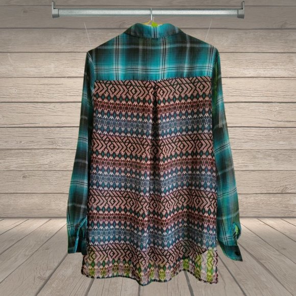 Xhilaration dark teal, light teal, white plaid sheer, long sleeved button-up - Picture 1 of 4